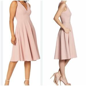 Dress the Population Blush Pink Midi Dress S Sleeveless V Neck Fit Flare